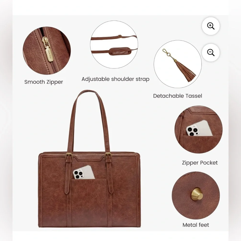 NWT LOVEVOOK Vintage Leather Laptop women’s Tote 15.6” with Clutch Purse.
